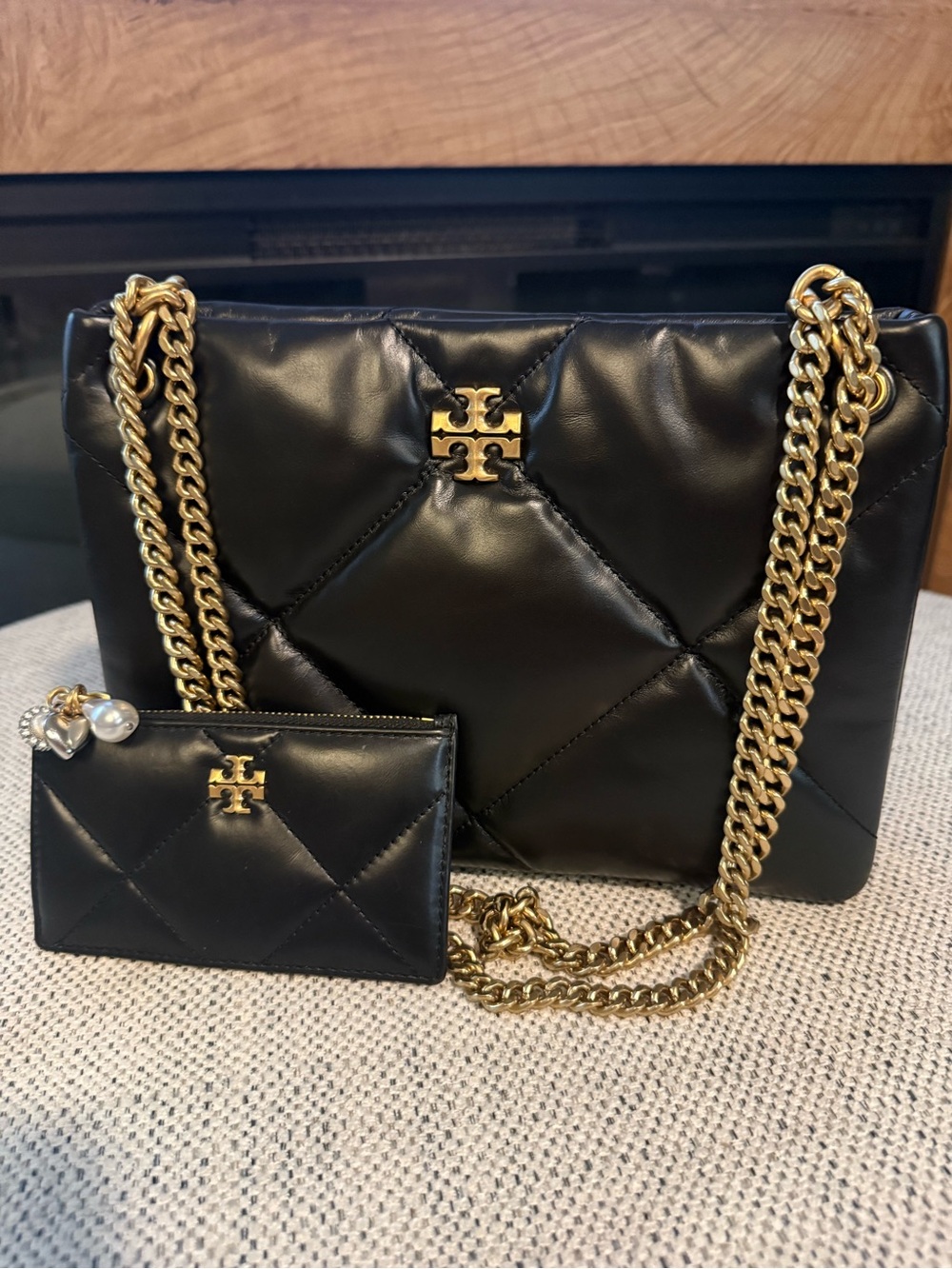 Tory Burch Black diamond quilted Kira Shoulder Bag with charm card holder set